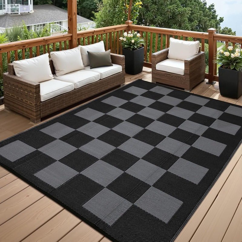 Tapis d'extérieur imperméable à damier tissé de 8 pi x 10 pi, grand tapis de paille en plastique réversible, tapis de camping extérieur pliable à motif géométrique moderne pour pique-nique, cour arrière, terrasse
