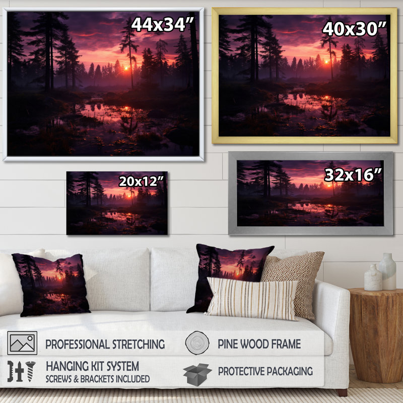 «Sunset Forest Whispers - Sunset», reproduction d'art, H 30 po x l 40 po x P 1,5 po, Cadre flottant noir