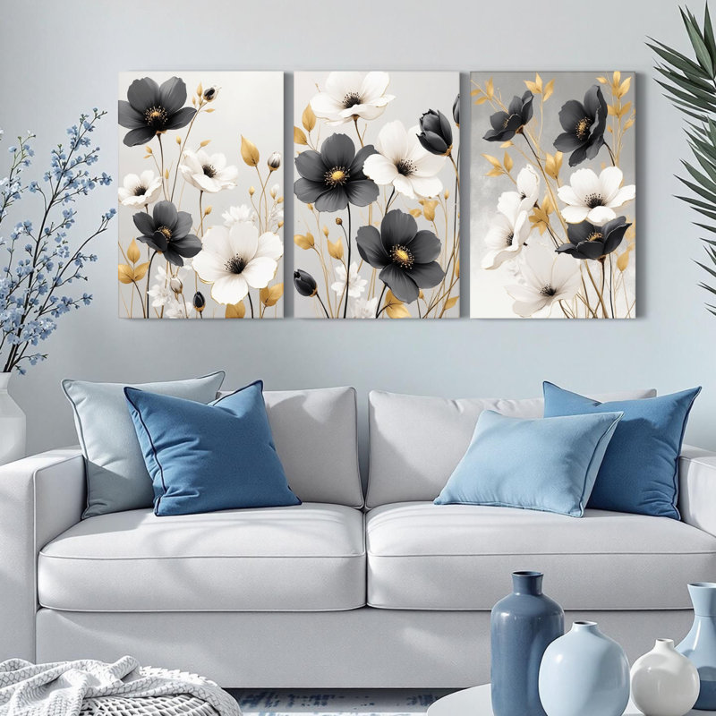 "Elegant Floral", reproduction d'art sur toile tendue sur toile monochrome (ensemble de 3), H 18 po x l 36 po