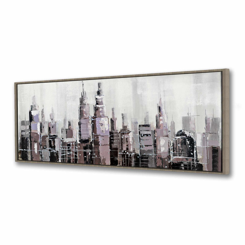 Toile encadrée abstraite en niveaux de gris, paysage urbain gris, H 21,25 po x l 61,25 po