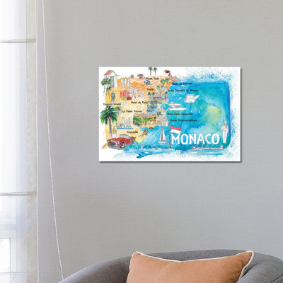 Monaco Monte Carlo Illustrated Map with Landmarks and Highlights 1 Piece Wrapped Canvas Painting