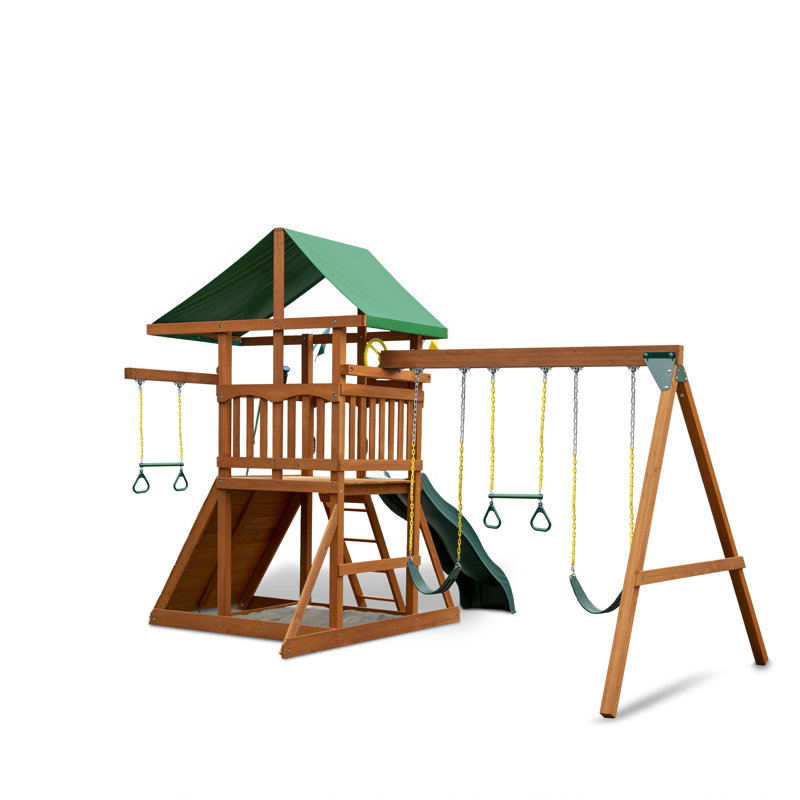 Amber Stained Cedar Wood Swing Set with Canopy Roof and Trapeze Arm