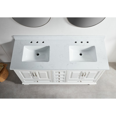 Meuble-lavabo double autoportant de 60 po entièrement assemblé, structure en bois massif, portes et tiroirs à fermeture en douceur, marbre d'ingénierie, meuble-lavabo de style américain en blanc, assemblé, marbre à fermeture en caoutchouc