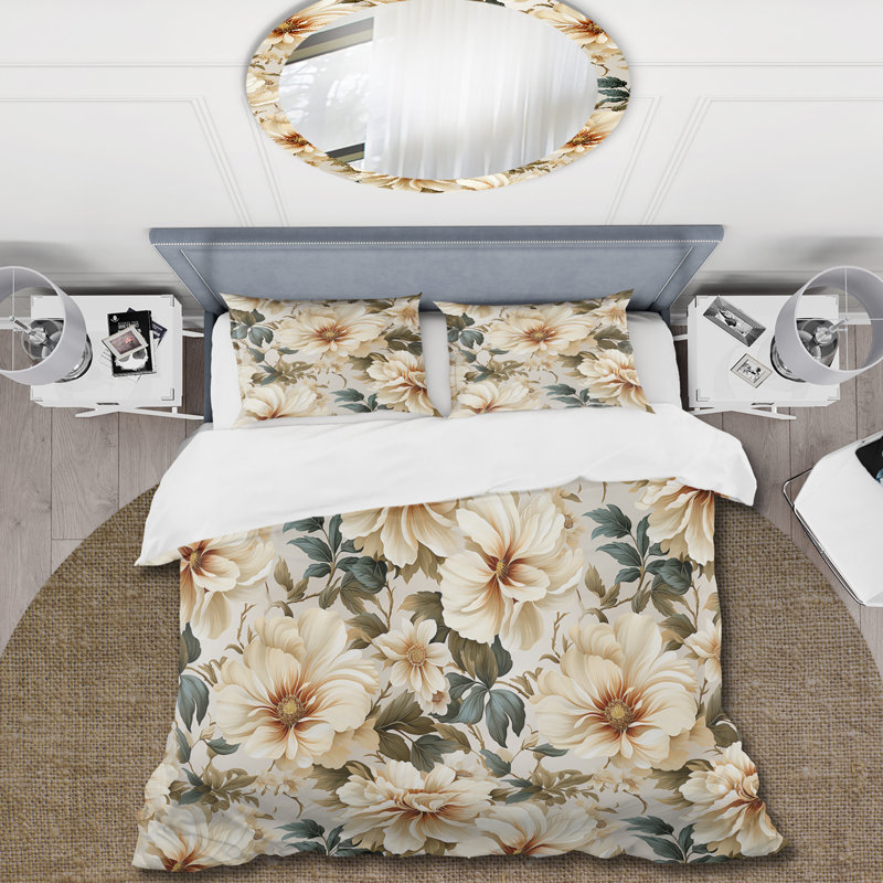 Beige Timeless Floral Peony Elegance - Floral Duvet Cover Set, Housse de couette pour grand lit et 2 taies décor