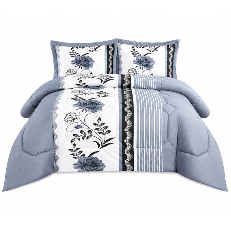 Printed Bedspreads 3 Piece Trendy Grey Comforter Bed Throw with Matching Pillow Shams, Single Bedspread + 2 Standard Shams