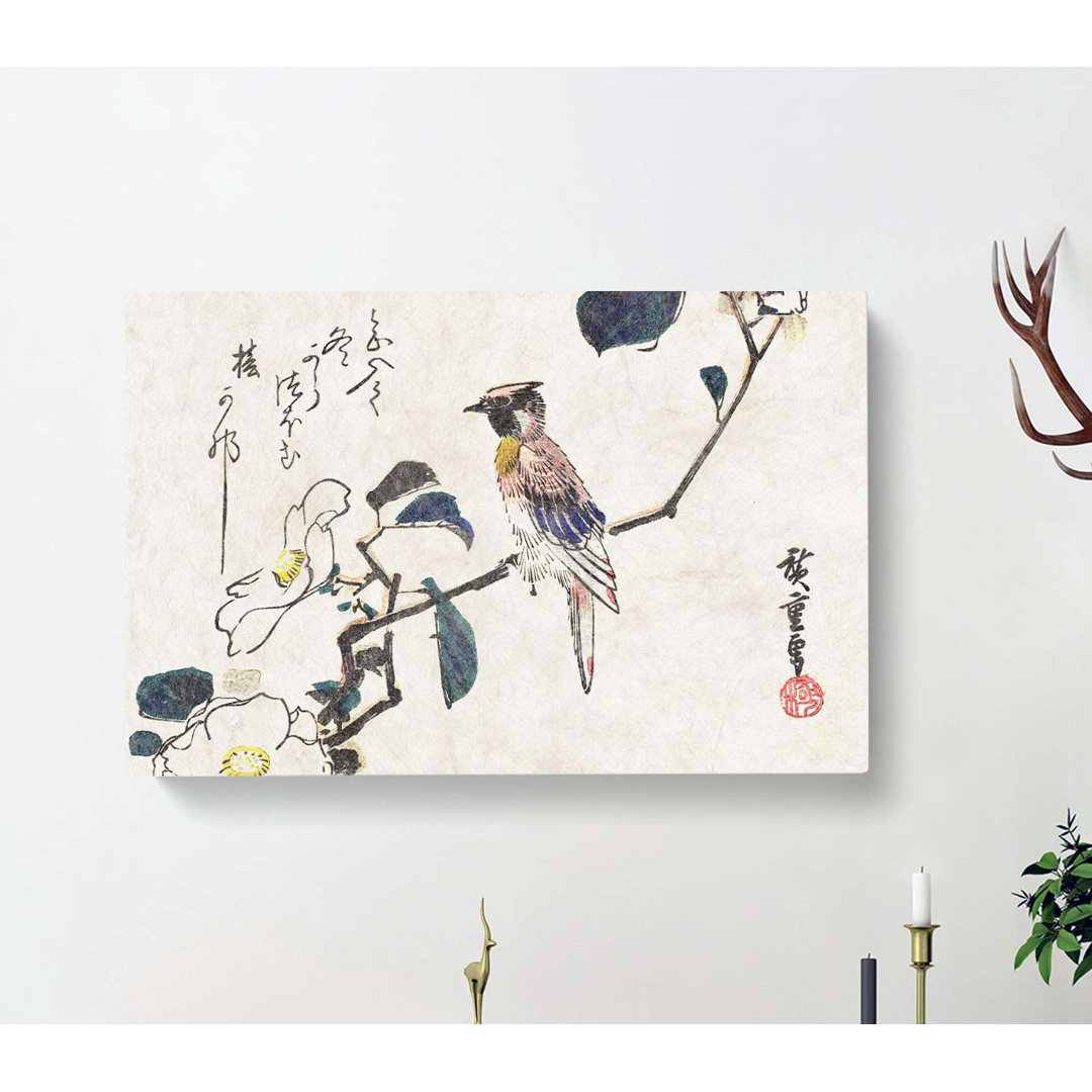 Oriole Bird On A Camellia Branch by Utagawa Hiroshige - Wrapped Canvas
