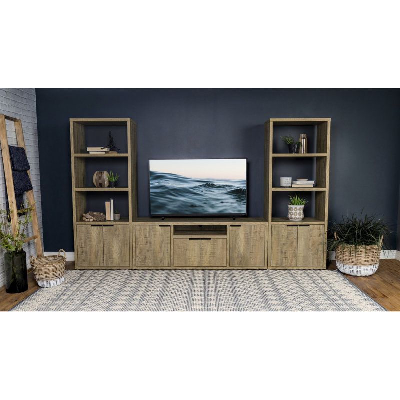 Ensemble de meuble télé et de tour média Mango 3: rangement organisé avec six compartiments, deux tablettes réglables, quatre portes dissimulées, collection Warm Sheen: unités centrales, teinte de finition