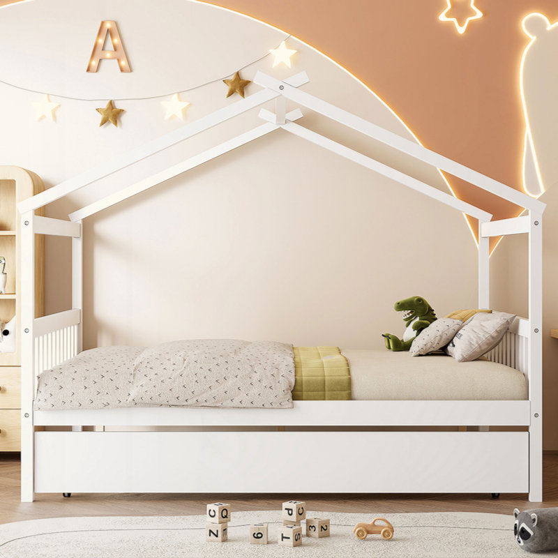 Lit en bois avec lit gigogne simple, Blanc, Double