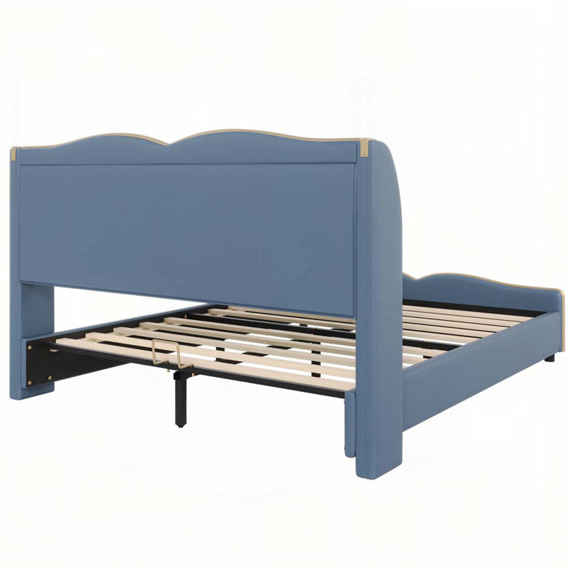 Structure de lit rembourrée en cuir, Bleu antique, Grand lit