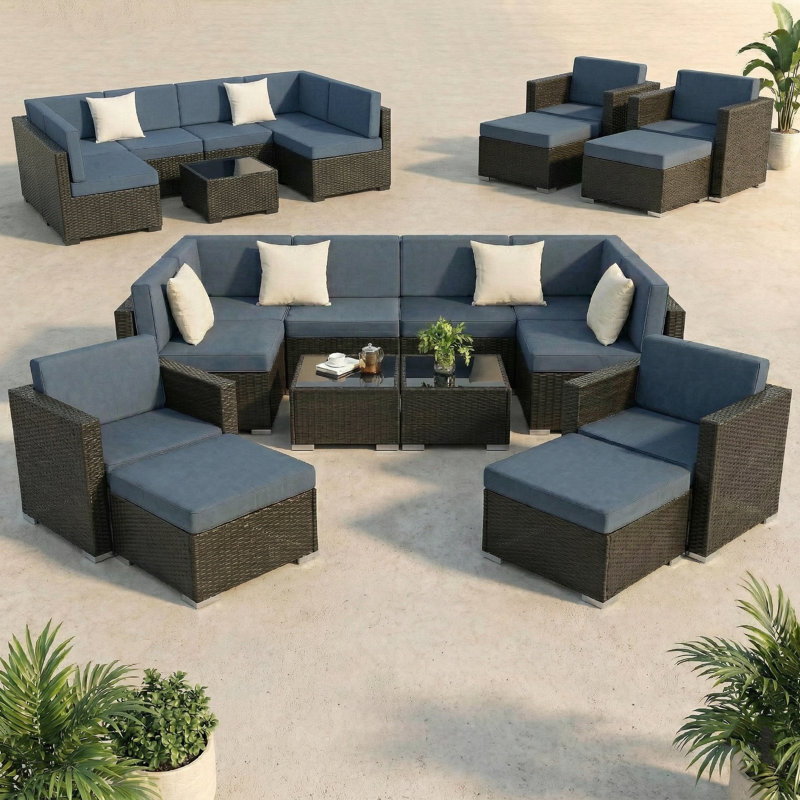 12-piece Modular Outdoor Patio Furniture Set, All-weather Wicker Rattan Sectional Sofa With Blue Cushions, Tempered Glass Coffee Tables, Ottomans & Pillows