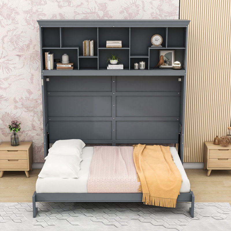 Grand lit plateforme en bois avec tablettes et port USB, gris