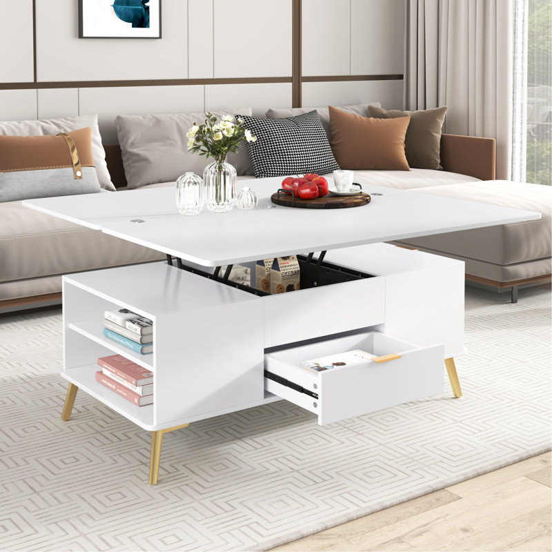 Table basse à plateau relevable Bowlus, table basse, table de salon à 4 pieds et rangement, Blanc