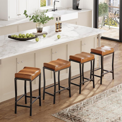Set of 4 26" Counter Height Bar Stools, Modern Saddle Seats with Thick Cushions, Metal Frame & Footrest for Kitchen Island or Dining Room