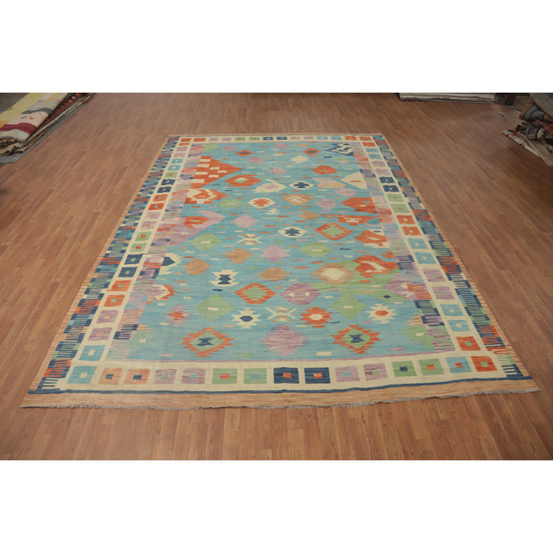 Tapis kilim bleu clair tissé à plat 10 x 13 po