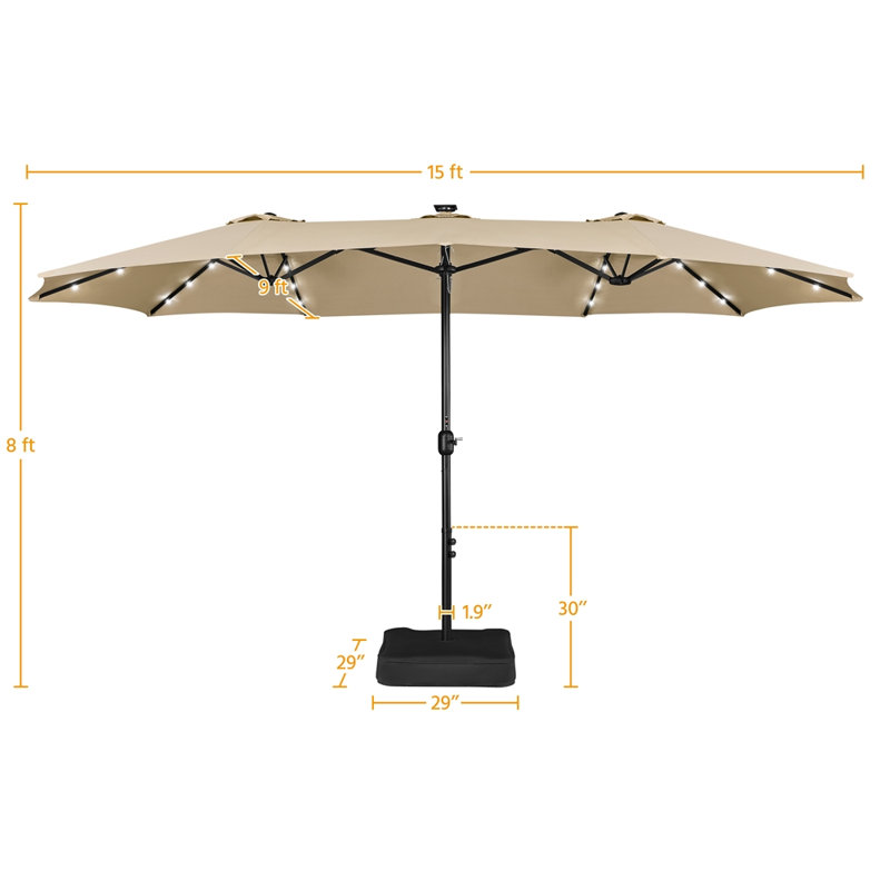 Parasol de marché rectangulaire avec base et 36 lumières à DEL Harworth 15 x 9 pi, brun clair, Tanné