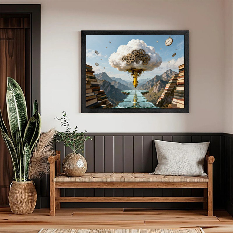 Art encadré noir Steampunk Cloud & Gears, peinture fantaisiste rétro, H 13 po x l 17 po