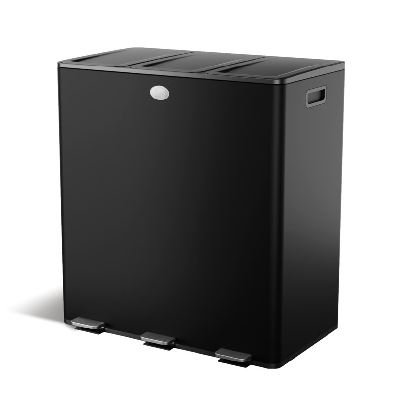 Poubelle de cuisine en acier inoxydable à trois compartiments 24 gallons avec pédales et couvercles à fermeture douce Home Zone Living, noir, 8 gallons
