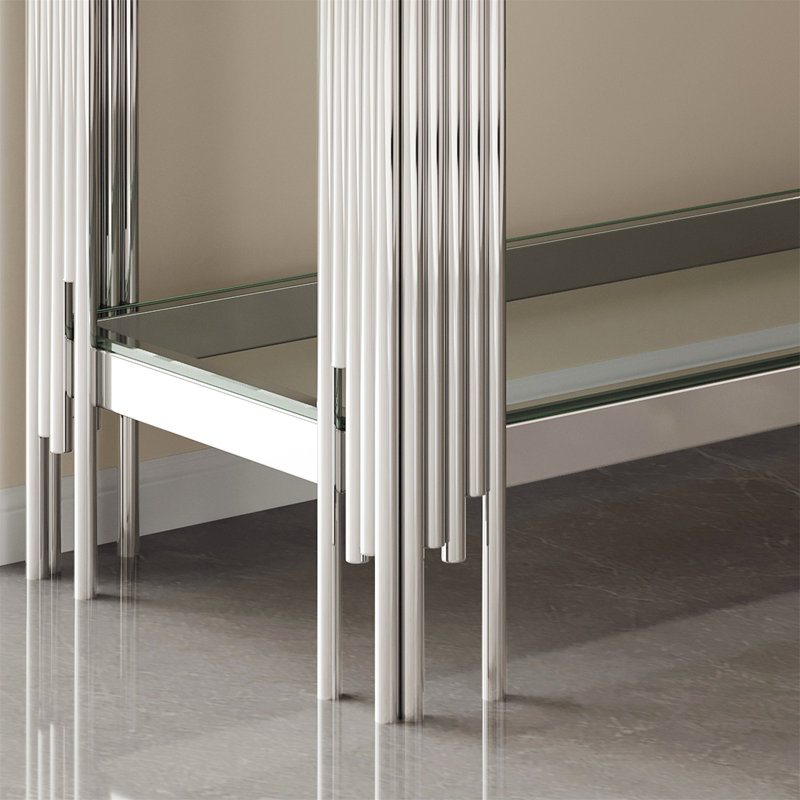 Top and Bottom Double Layer Tempered Glass Console Table with Mirror Finished Stainless Steel Frame for Enhanced Storage and Modern Decor