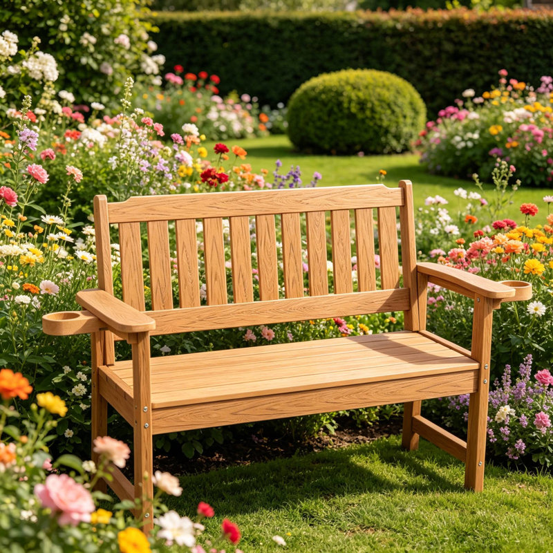 Banc d'extérieur résistant aux intempéries avec 2 porte-gobelets latéraux pour les espaces de loisirs, Teck