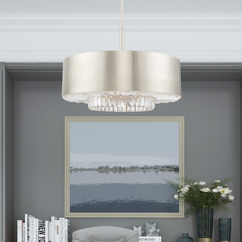 Lustre tambour unique à 6 lumières Madison, Nickel brossé, Argent