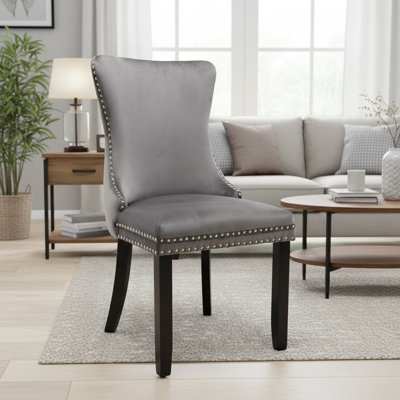 2-Piece Gray Dining Chairs, Upholstered Wingback Shape, Matched With Solid Wood Legs And Tufted Nailhead Trim, Comfortable And Textured