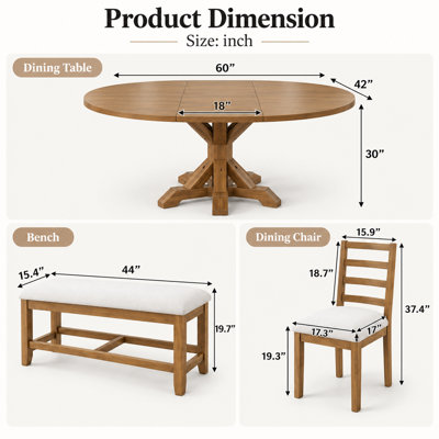 Ensemble de salle à manger extensible Cavressa 6 pièces, table à pied centrale en bois naturel avec rallonge amovible de 45 cm, 4 chaises à dossier échelle et banc de 112 cm