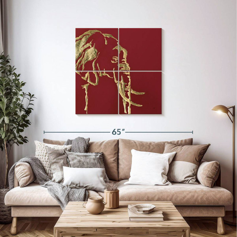 Éléphant doré Brampt sur fond rouge, H 38 po x l 38 po