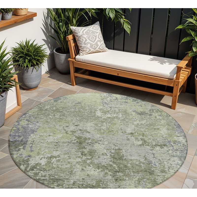 Tapis extérieur rond lavable abstrait vert et gris 8 pi