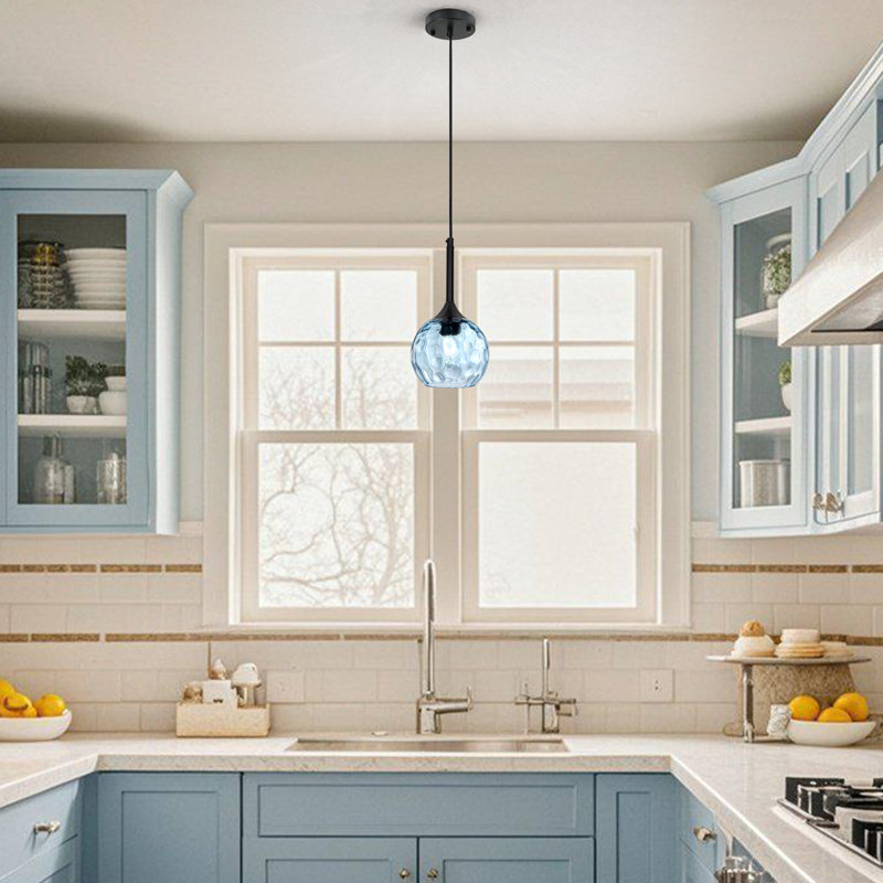 1-Light Matte Black Pendant Light Fixtures Over Island With Clear Hammered Glass Shade, Blue