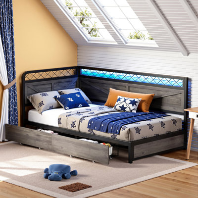 Daybed with 2 Storage Drawers, Corner Bed Frame with Charging Station and LED Lights, Heavy Duty Bed Frame Easy Assembly, No Box Spring Needed