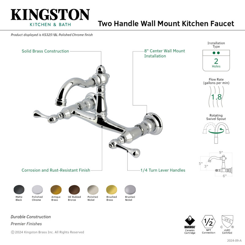 Kingston Brass Vintage Double-Handle 2-Hole Wall-Mount Bridge Kitchen Faucet, Polished Chrome