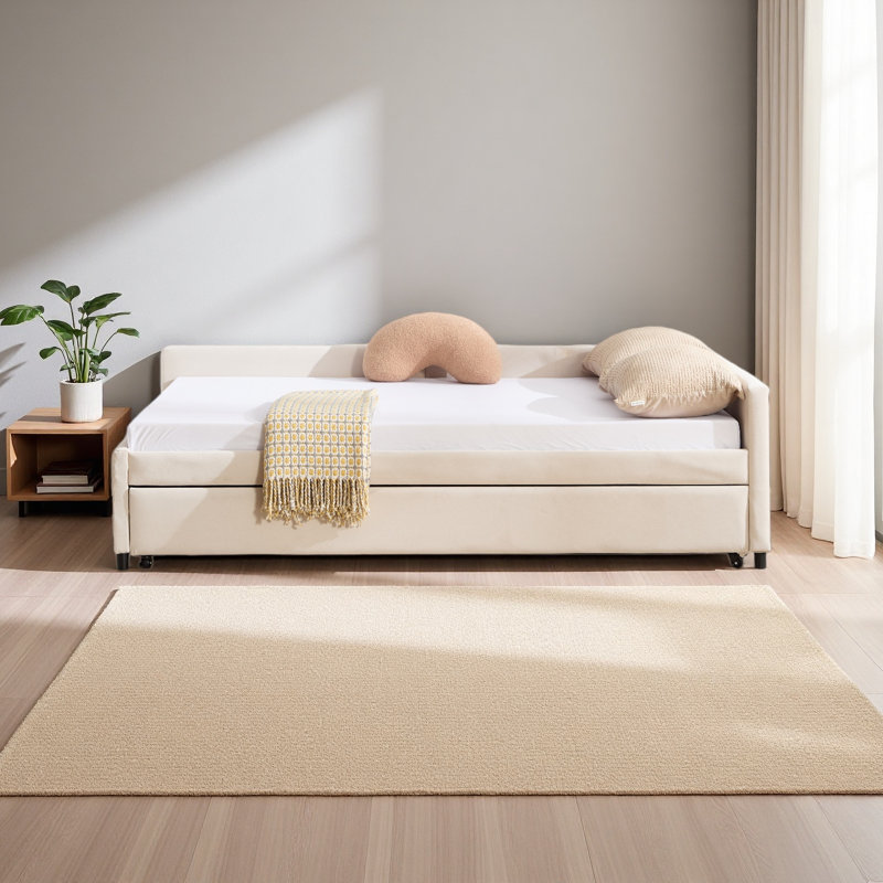 Lit de jour rembourré avec lit gigogne, structure de lit en bois robuste, conception de grille de diamant moderne, pour chambre à coucher, chambre d'amis