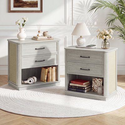 Farmhouse & Boho Nightstand with 2 Drawers & Open Shelf, Bedside Table with Rattan Sides & Roman Column Frame(Set of 2)