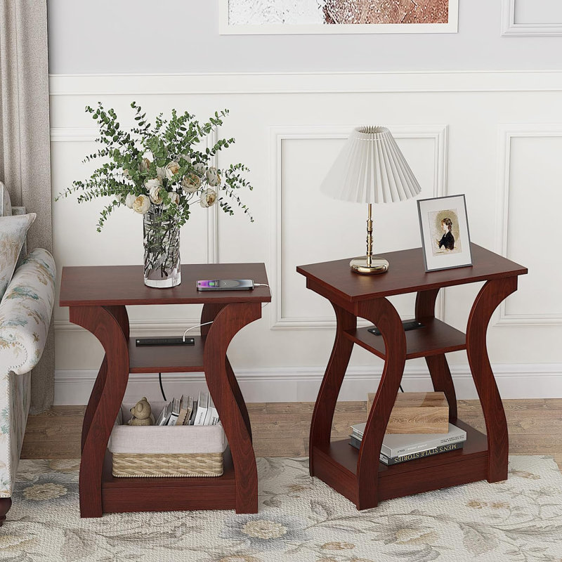 Cherry 3-Tier End Table Set with Charging Station