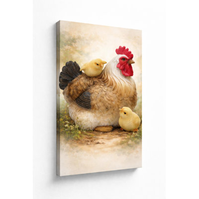 Chicken with Chicks Farmhouse Animal Canvas Wall Art Rustic Kitchen Decor 16x24 Inch Canvas Print - Ready to hang