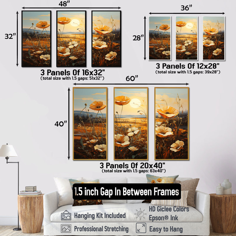 «Beautiful Warm Warm Field III», ensemble d'art mural sur toile fleur, H 28 po x l 36 po x P 1 po, Cadre naturel flottant