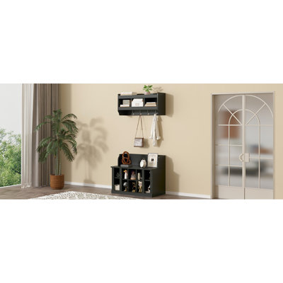 Banc de rangement pour chaussures avec tablettes et 4 crochets, portemanteau élégant avec portemanteau mural, rangement pour vestibule, vestibule, vestibule