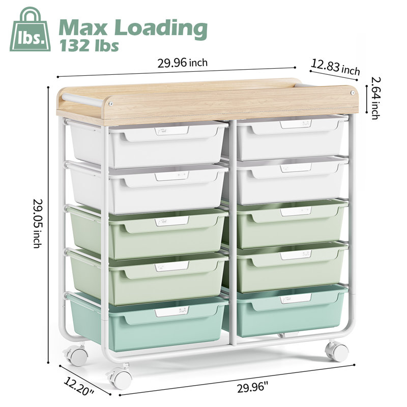 Metal Rolling Cart with Wheels，Rolling Storage Cart with 10 Large Drawers, Utility Cart with Wooden TableTop, Green