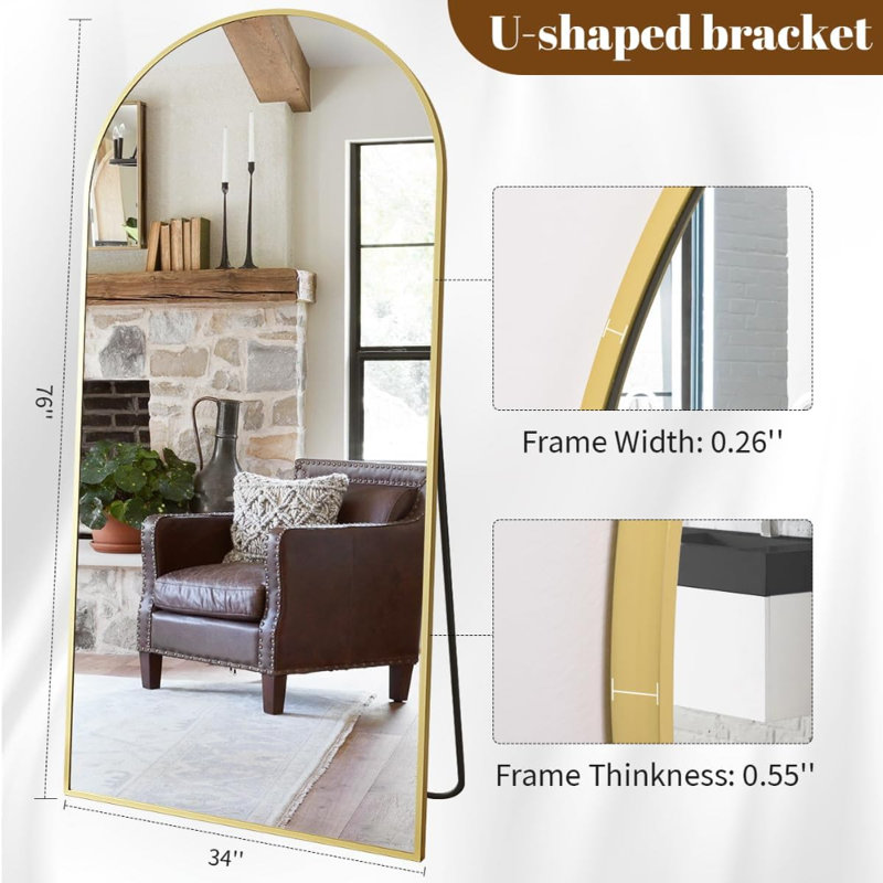 Arched Full Length Mirror, Large Floor Mirror With Aluminum Alloy Frame Standing Hanging Or Leaning Wall-Mounted Mirror For Living Room And Bedroom