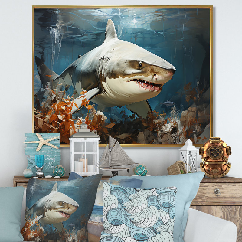 " Minimalism Shark Hunting ", 16" H x 32" W x 1" D, Gold Floater Framed
