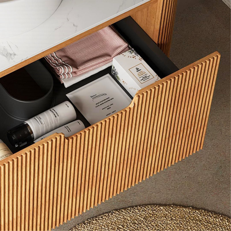 Meuble-lavabo de salle de bain 24 po avec lavabo, meuble-lavabo mural à bords arrondis et courbes avec tiroir, lavabo rond en céramique blanc sans robinet, pré-assemblé, couleur grain de bois naturel