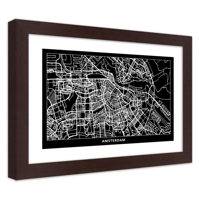 Amsterdam City Map - Single Picture Frame Print, 70cm H x 100cm W, Brown