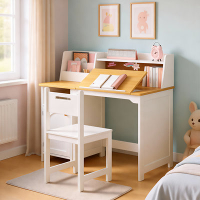 35.4" W Kids Study Desk with Hutch and Tiltable Desktop and Chair Set