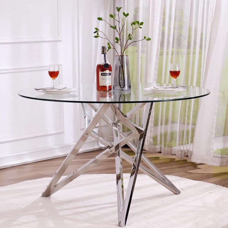 Table de salle à manger ronde de 47 pouces avec plateau en verre transparent et base en croix polie, Argent argent