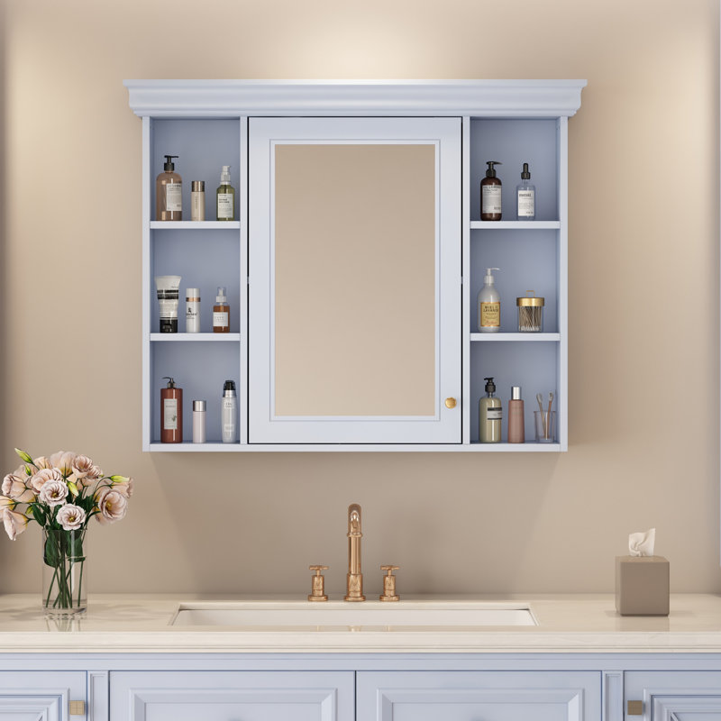Armoire de rangement murale de salle de bain 35 po x 28 po avec porte miroir, Gris clair