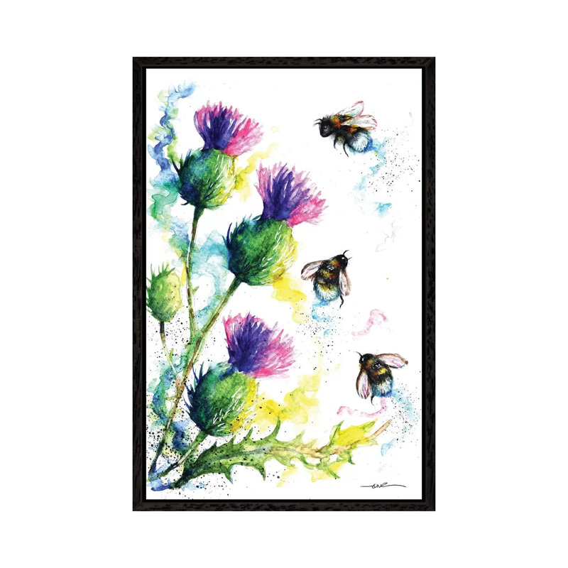 Bees And Thistles - Painting on Canvas, 101.6cm H x 66.04cm W x 3.81cm D, Black Framed