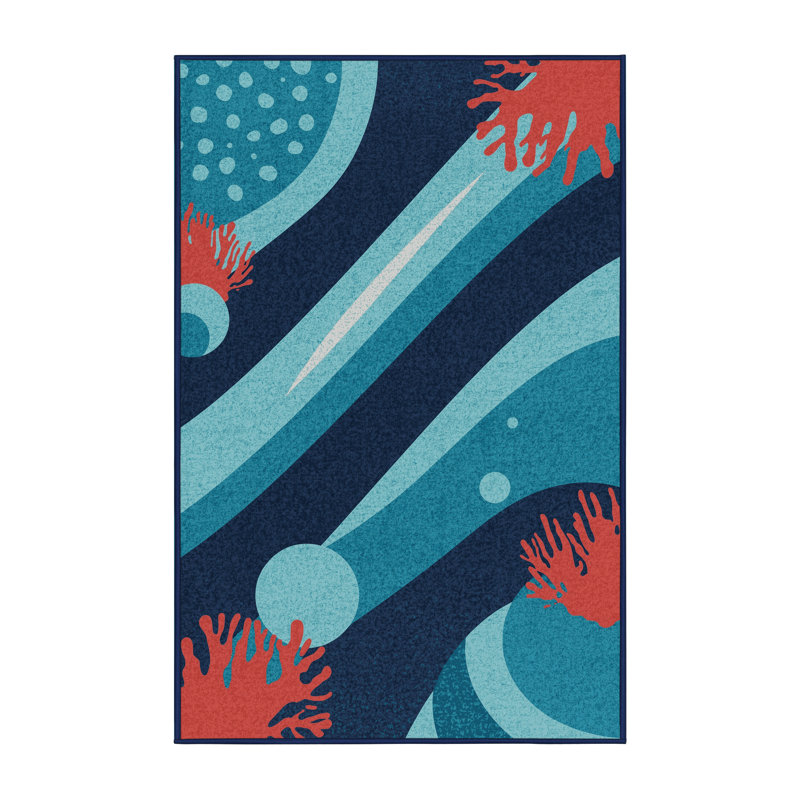 Machine Washable Paizlei Great Barrier Reef Contemporary Arc Rug in Green – Navy Binding, 7x10