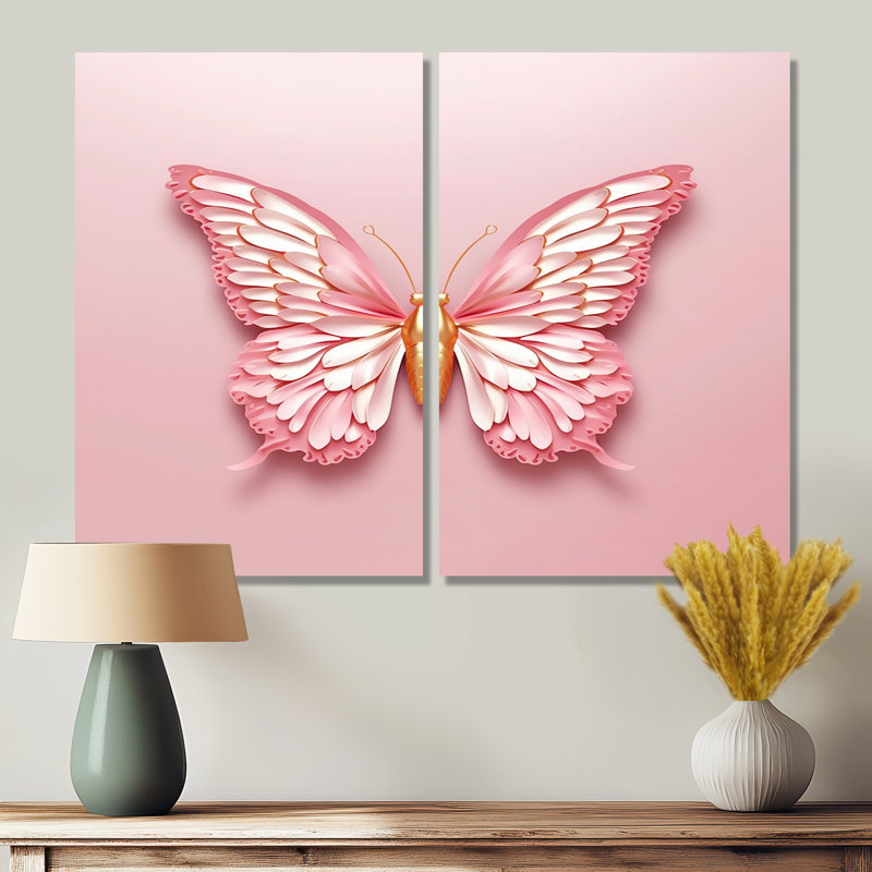 Papillon rose et or III - art mural moderne 2 panneaux, H 36 po x l 48 po, Toile tendue, Ne s’applique pas