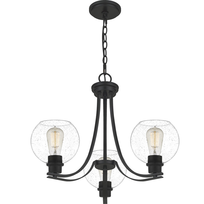 Gardiner 3 - Light Dimmable Geometric Chandelier, Matte Black, Seedy Glass, 17.5"H x 22"W x 22"D