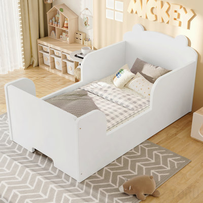 Toddler Floor Bed Frame, Cot Bed for Boys and Girls Ages 3-6, Bear Shape Toddler Bed, White